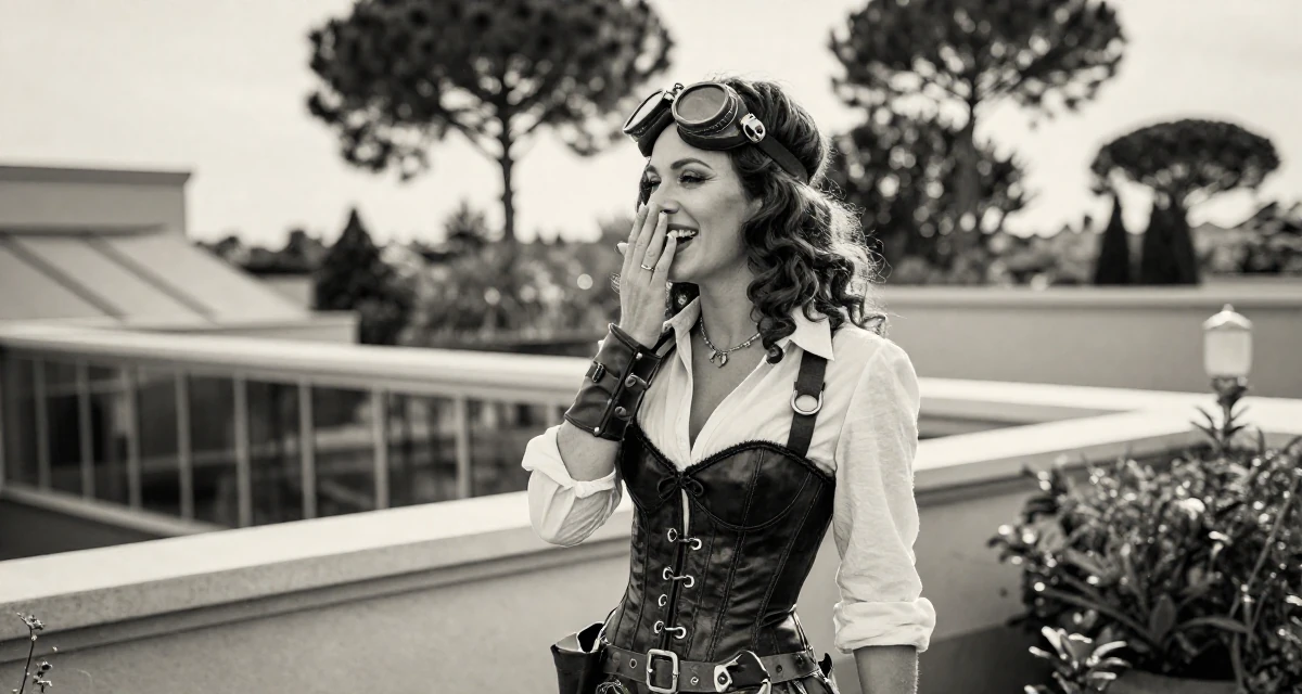 A quietly confident Female From Angola, majored in logistics operations in their 30, redefining what success means personally, wearing a steampunk adventurer outfit with a corset and goggles, covering a laugh with one hand in a rooftop garden.