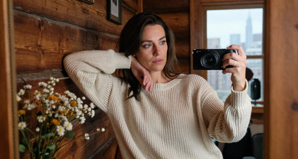 A observant Female From Canada, trained in advertising and branding in their 37, establishing authority in a niche market, wearing a loose open-knit sweater showing skin underneath, gripping a lapel in a rustic wooden cabin interior.