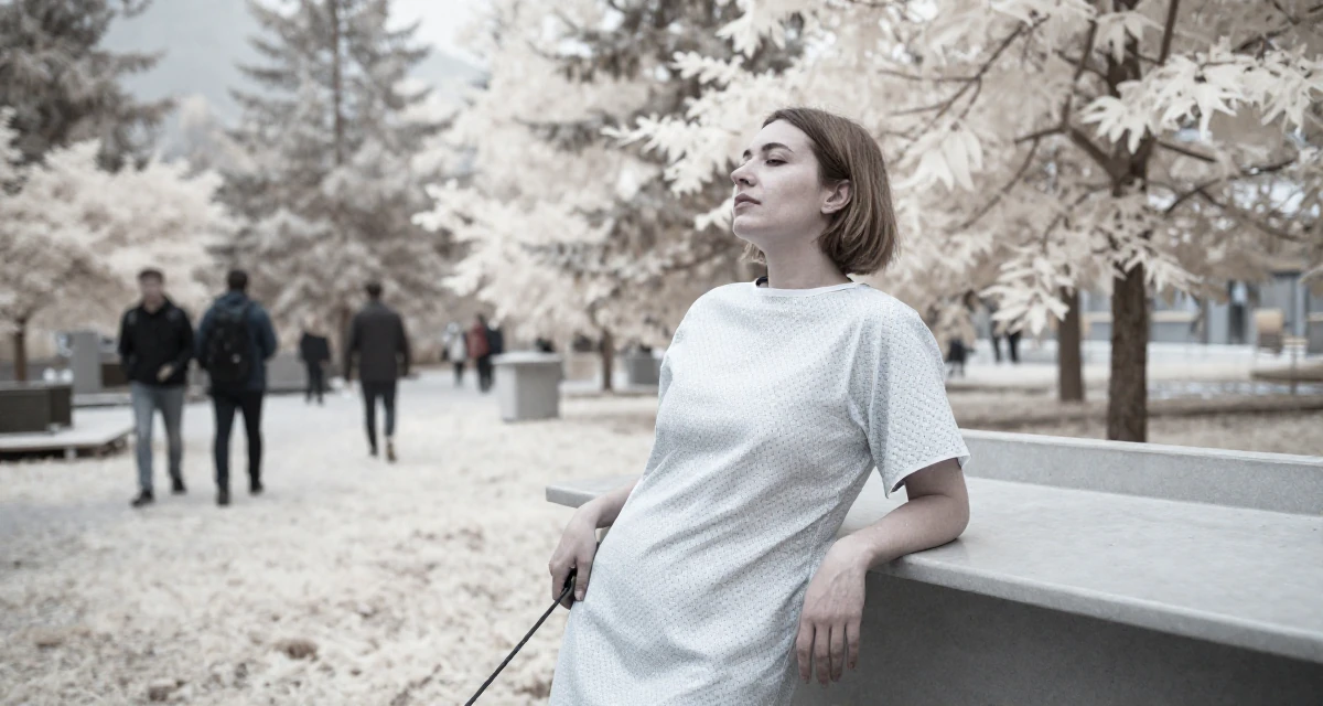 A tranquil Female Raised in Kazakhstan, majored in global business in their 30, accepting that ambition doesn’t erase exhaustion, wearing a hospital patient gown tailored to be form-fitting, holding a leash in a concert hall.