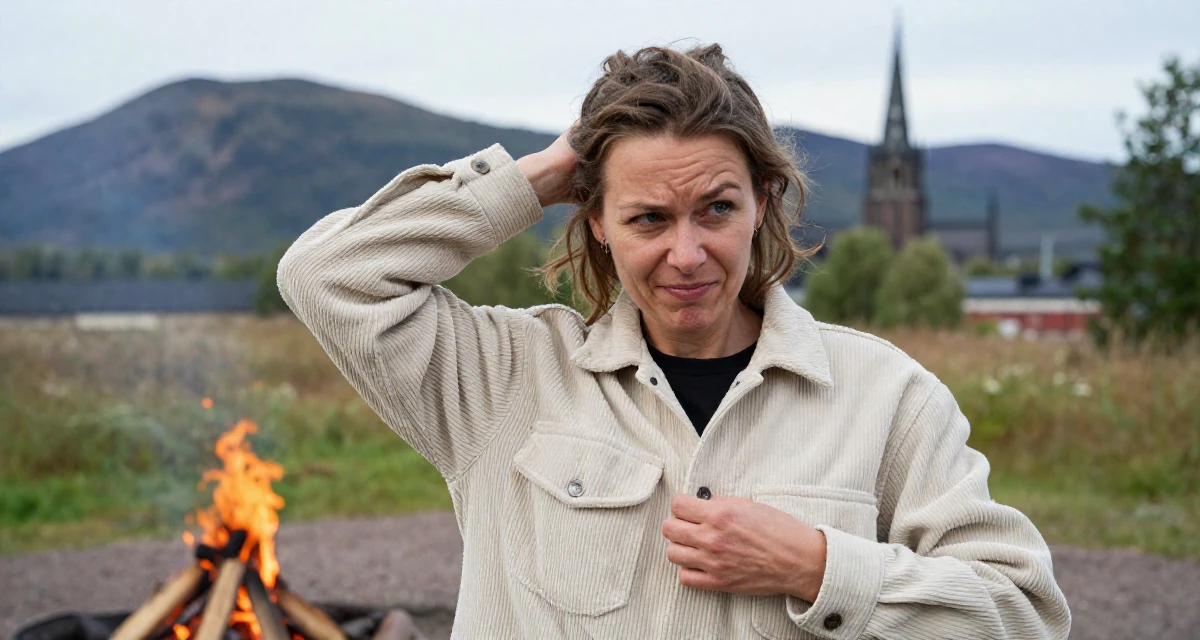 A cheeky Female From Helsinki Finland, practiced emotional expression through self-portrait art in their 40, starting a business after years of corporate life, wearing a soft texture corduroy jacket, buttoning up a jacket in a campfire circle.