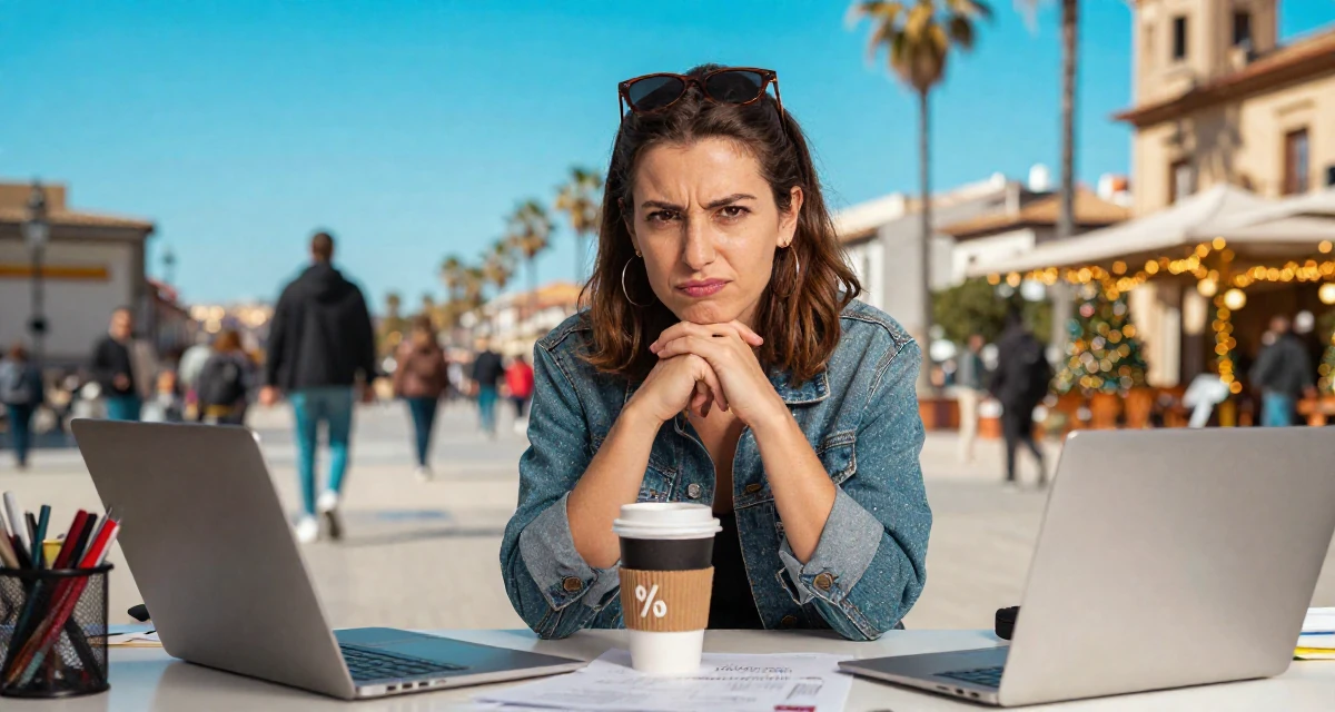 A rebellious Female From Spain, majored in public relations and advertising in their 27, investing in equipment instead of vacations, wearing a modern grunge aesthetic, holding a cup of coffee in a messy desk.