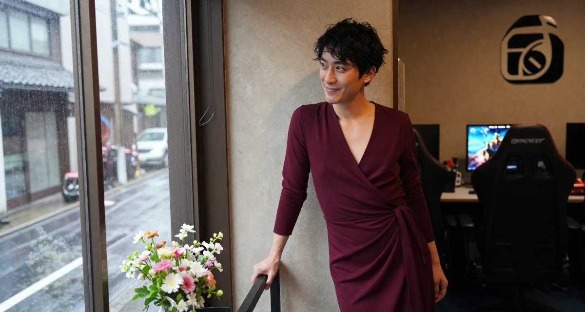 A amused male From Kyoto Japan, practiced artistic nude photography as self-expression in their 22, determined to prove their worth quickly, wearing a elegant wrap dress in deep burgundy, leaning on a railing in a gaming room.