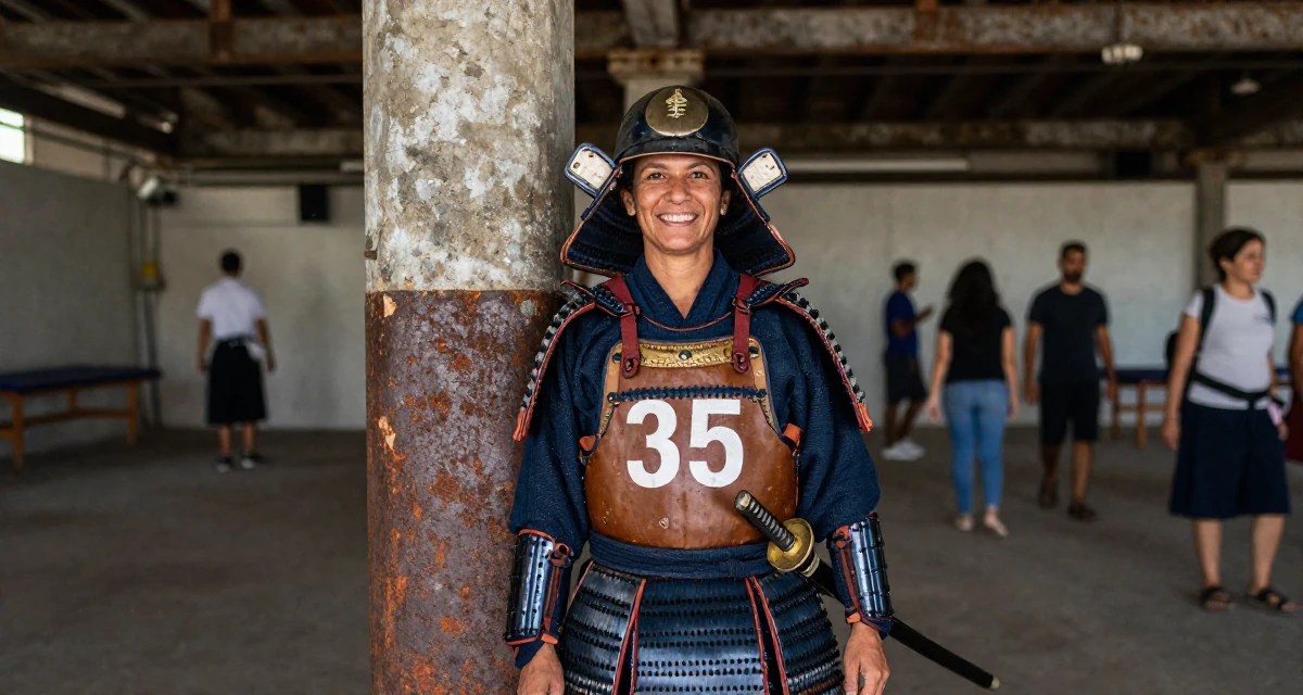 A cheerful Female From Brazil, trained in physical therapy in their 35, celebrating a major career milestone, wearing a samurai armor set with a katana at the waist, shivering slightly in a conference room.