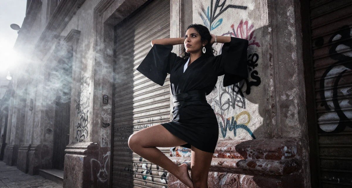 A reflective Female From Peru, based in Arequipa, graduated from a local university majoring in business communication in their 35, commanding respect without raising a voice, wearing a shrine maiden outfit with a short hakama skirt, tapping a foot rhythmically in a graffiti art wall.