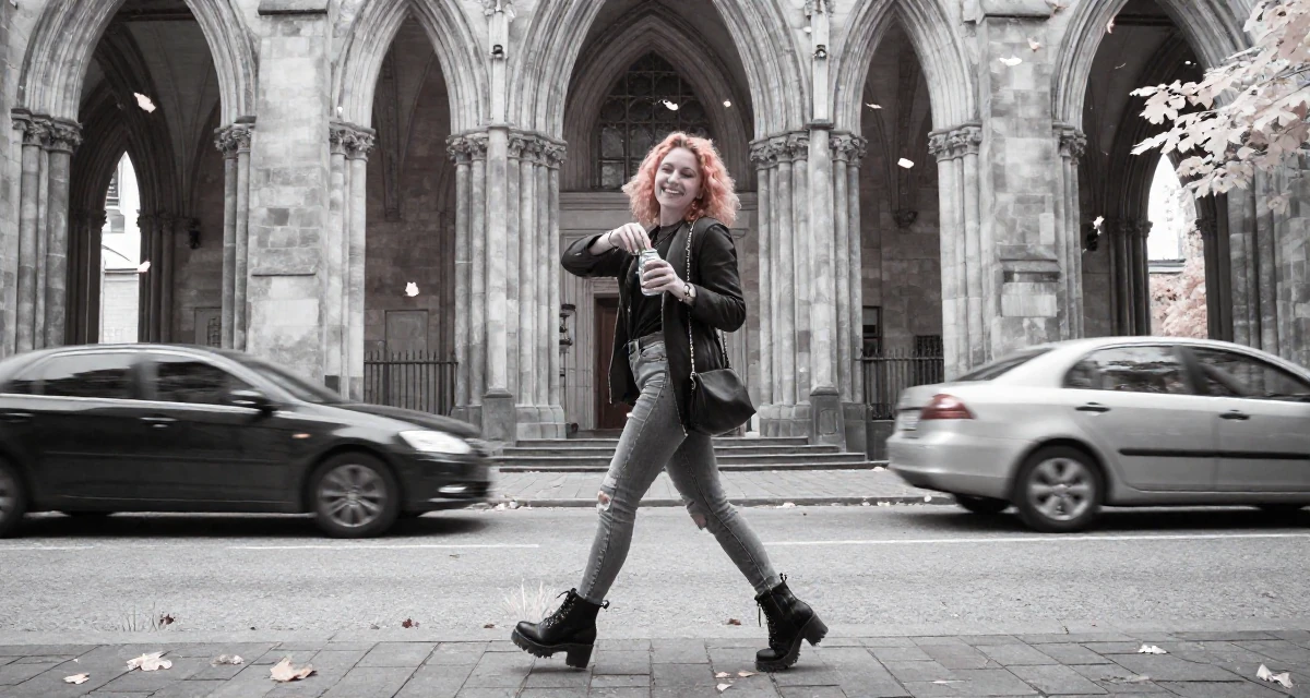 A cheerful Female From Finland, based in Tampere, graduated from a tech university majoring in human-centered design in their 25, experimenting with playful photos that boost confidence, wearing a edgy street style with boots, opening a soda can in a gothic cathedral interior.