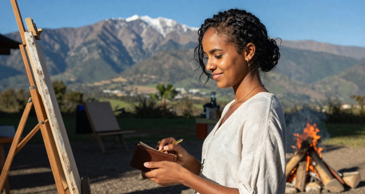 A friendly Female From Ethiopia, studied software development in their 36, focusing on mental health and mindfulness, wearing a relaxed vacation shirt, checking a wallet in a artist workshop.