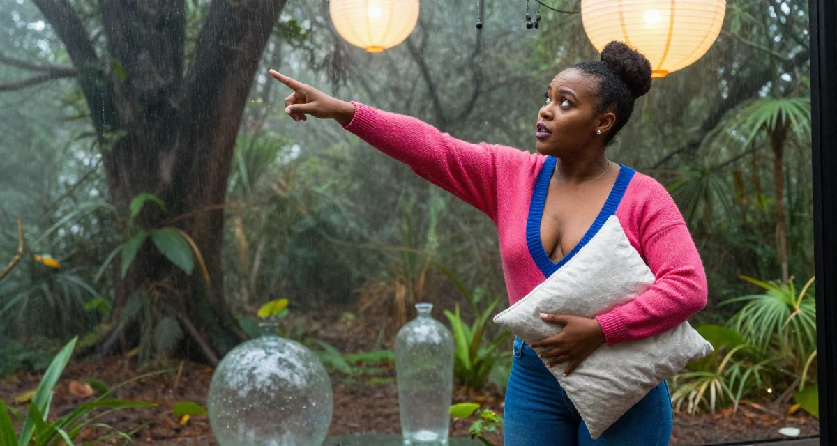 A fearless Female From South Africa, based in Cape Town, graduated from a fashion university majoring in body-positive styling in their 30, experimenting with bold fashion choices, wearing a plunging v-neck sweater and skinny jeans, hugging a pillow or cushion in a dense misty forest.