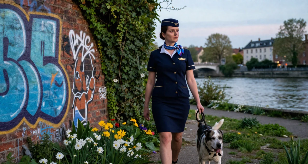 A disinterested Female From Italy, studied restoration of cultural heritage in their 32, recovering from burnout and prioritizing rest, wearing a flight attendant uniform with a silk scarf, walking a dog (leash visible) in a graffiti art wall.