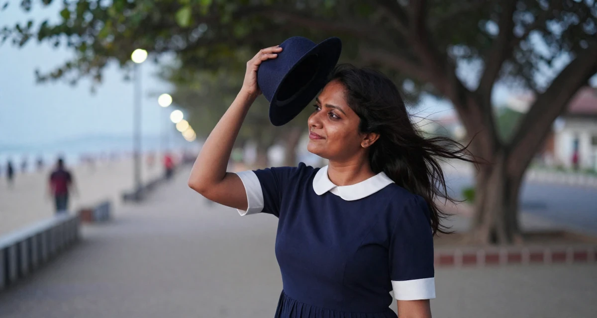 A quietly happy Female Born in India, studied data analytics for media in their 40, focusing on legacy and long-term wealth, wearing a navy blue dress with white collar and cuffs, holding a hat against the wind in a beach promenade.