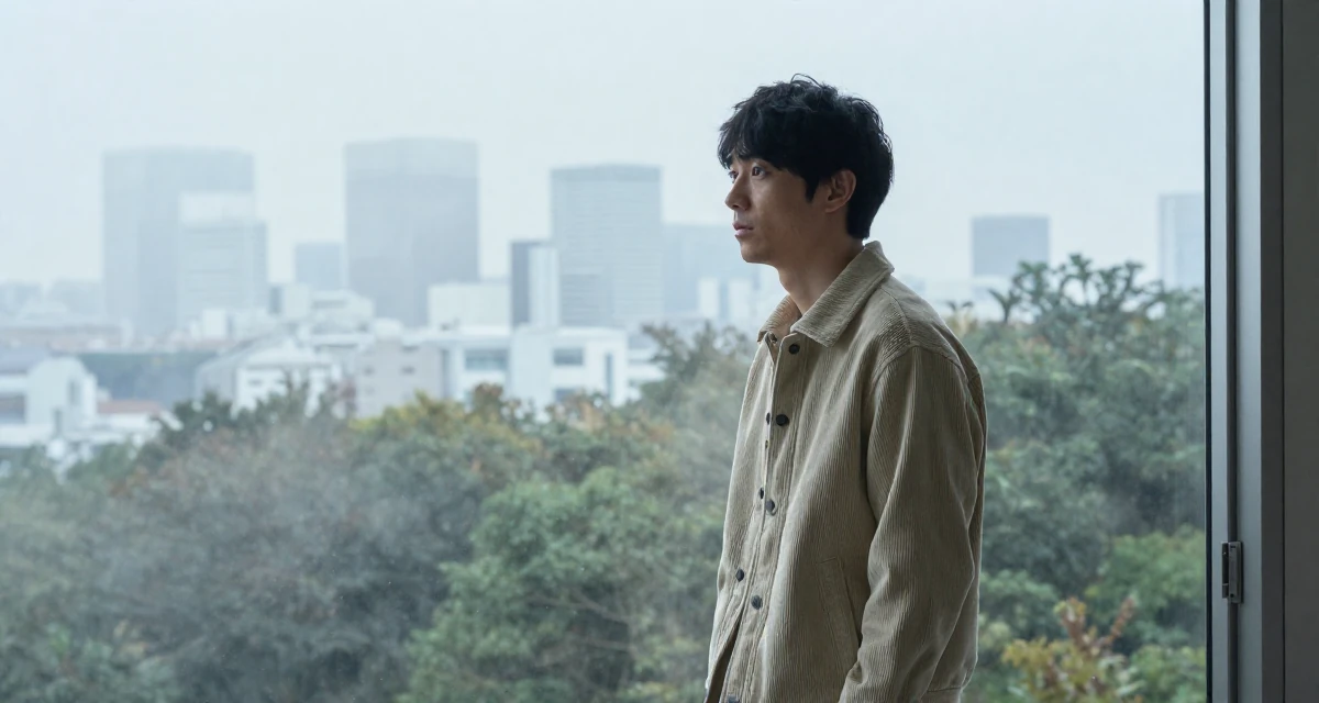 A curious and focused male From Japan, based in Osaka, graduated from a local college majoring in marketing in their 25, balancing social life with evolving ambitions, wearing a soft texture corduroy jacket, leaning against a door in a dense misty forest.