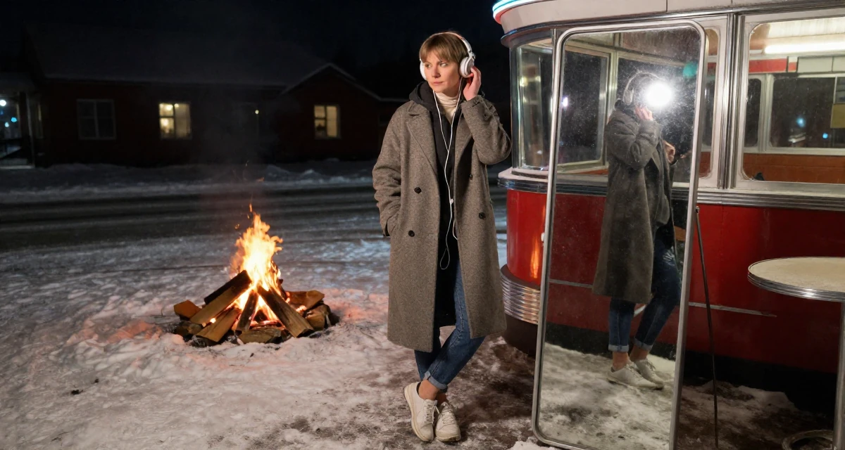 A introspective Female From Finland, based in Espoo, graduated from a design institute majoring in atmospheric lighting arts in their 47, preparing for the empty nest phase, wearing a tailored coat with casual sneakers, listening to music with headphones in a retro 50s diner.