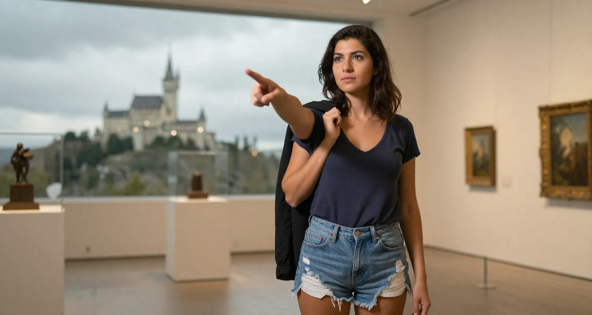 A nostalgic Female From United States, majored in cybersecurity in their 24, reinvesting earnings in better lighting and props, wearing a deep v-neck t-shirt and distressed denim shorts, holding a jacket over a shoulder in a art gallery hall.