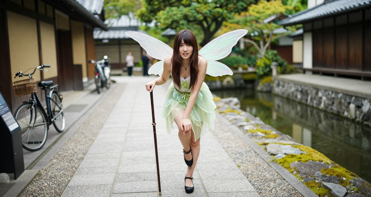 A mischievous Female Once a violin student, now sharing aesthetic performance clips in their 22, dealing with inconsistent income month to month, wearing a fairy costume with translucent iridescent wings, tapping a foot in a museum exhibit.