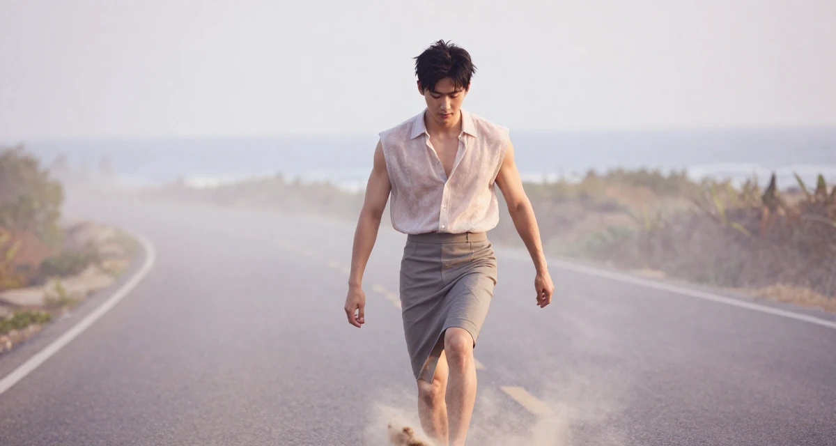 A guarded male Once a lifeguard, now shooting athletic, beach-centered content in their 25, becoming more selective with fan interactions, wearing a sheer sleeve blouse and a high-waisted skirt, kicking up dust playfully in a country road.