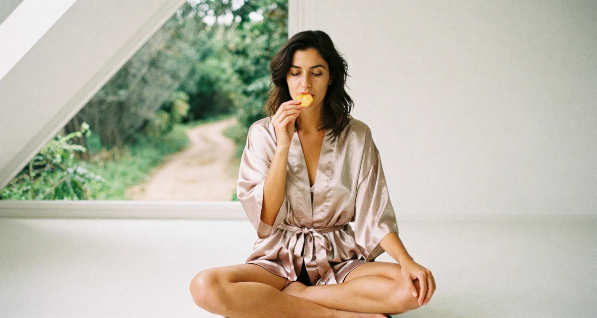 A unbothered Female Grew up in France, majored in cultural studies in their 29, carrying invisible pressure to stay relevant, wearing a short silk robe tied loosely, holding a snack in a attic room.