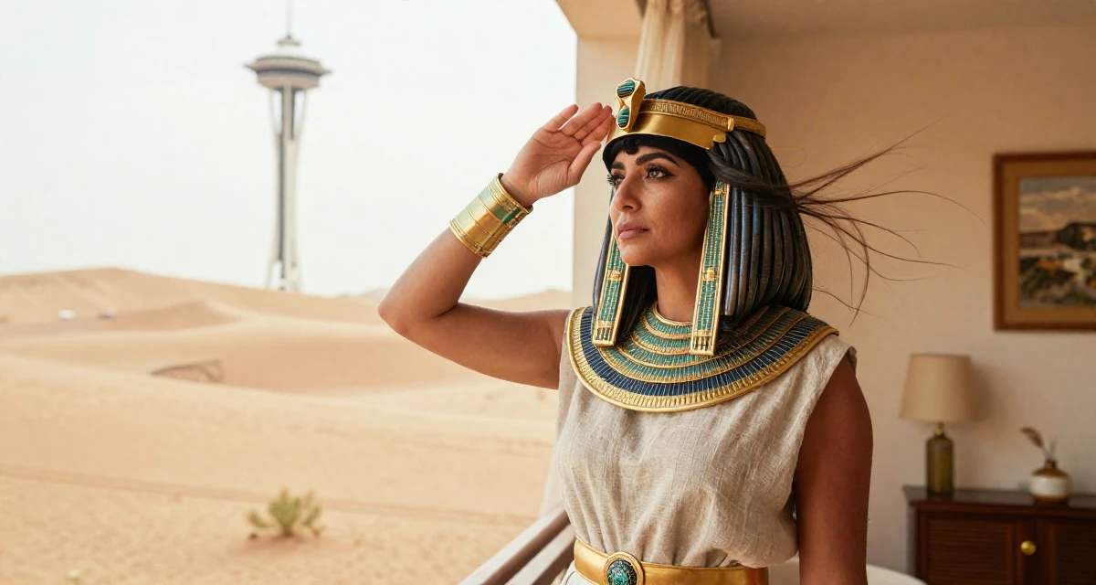 A solemn but kind Female From Johor Malaysia, learned portrait photography through freelance work in their 25, stabilizing monthly income and planning long-term strategy, wearing a egyptian queen costume with gold collar and linen, shielding face from the wind in a desert sand dunes.