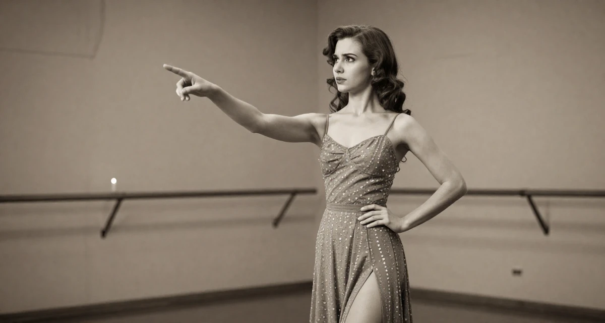 A confused Female From Uzbekistan, majored in information systems in their 23, building first professional networks, wearing a spaghetti strap summer dress with a high slit, pointing at something distant in a ballet studio.