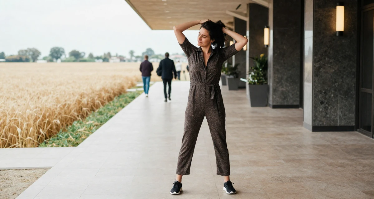 A contented male From Italy, majored in photography and visual arts in their 36, pivoting career paths completely, wearing a chic jumpsuit styling, brushing hair back in a luxury hotel lobby.