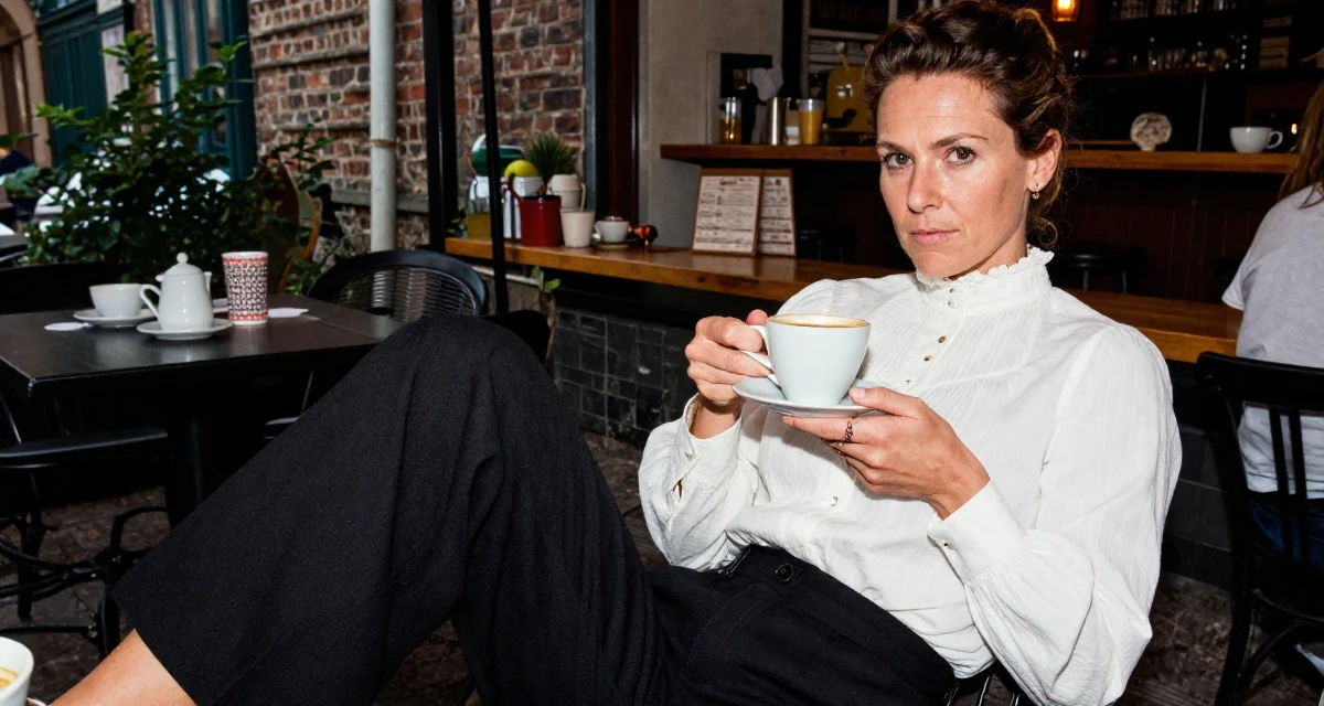 A proud and dignified Female From Aarhus Denmark, trained in fitness coaching and body alignment in their 46, sharing easy gourmet recipes for two, wearing a high-neck victorian style blouse and black slacks, holding a cup of coffee in a garden patio.