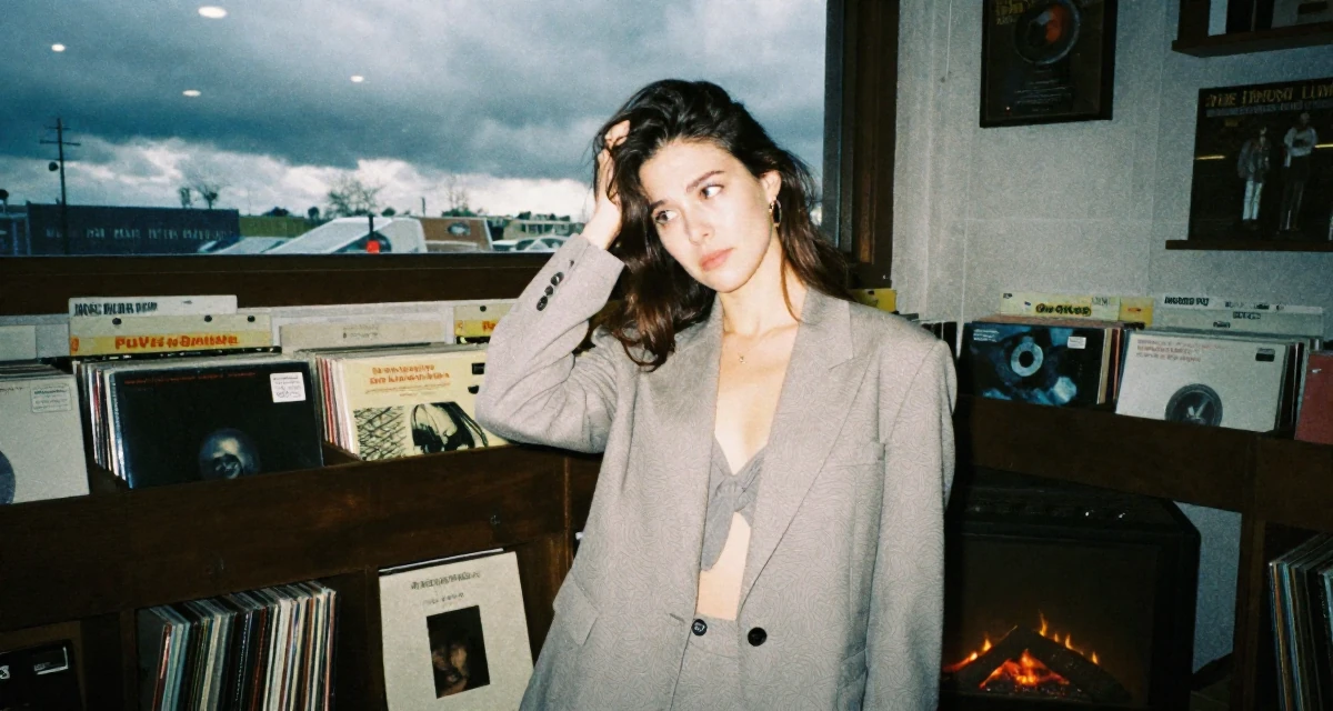 A puzzled Female Raised in Canada, majored in fine arts in their 38, handling long working hours with discipline, wearing a relaxed fit suit separate, pushing hair from face in a vintage record store.