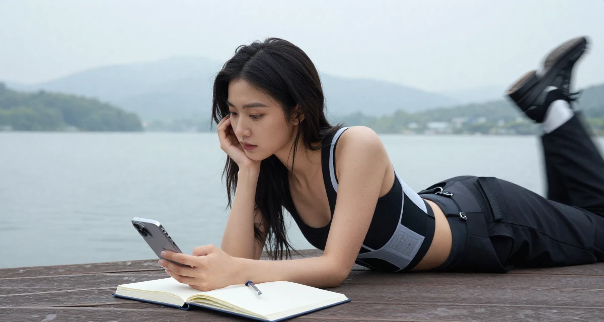 A sensual Female From South Korea, studied textile design and fashion in their 23, gaining confidence through playful outfit themes, wearing a modern tech-wear inspired look, scrolling casually in a serene lakeside dock.