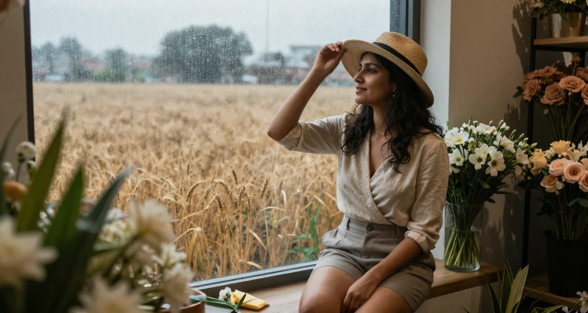 A hopeful Female From India, studied biotechnology in their 48, reviewing luxury travel destinations, wearing a wrap-front blouse and tailored shorts, holding a hat in a flower shop.