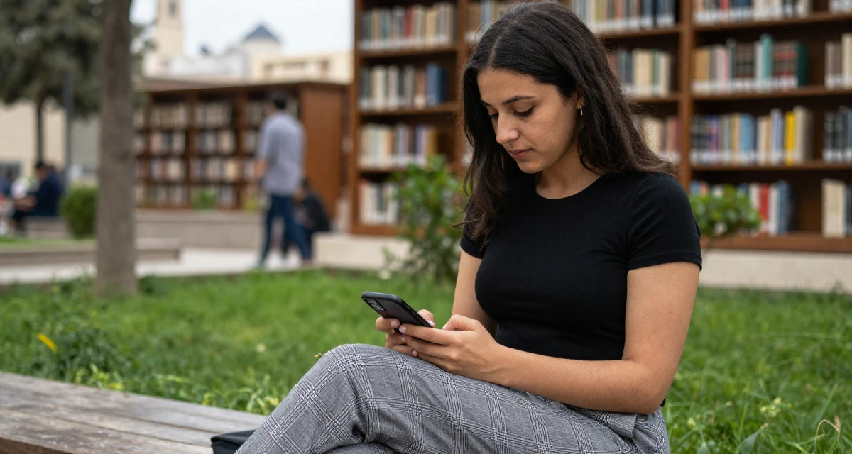 A tranquil Female From Egypt, majored in archaeology in their 23, realizing early burnout is real but pushing anyway, wearing a grey plaid trousers and a fitted black tee, checking a phone in a quiet park.