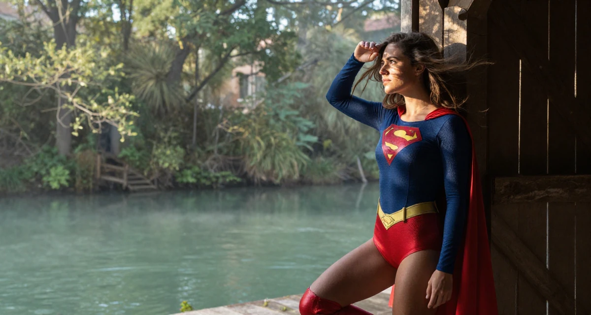 A deeply thinking Female Once a soldier trainee, now exploring softer sides through creator work in their 33, seeking a deeper connection with nature, wearing a superheroine spandex suit with a cape, shielding face from the wind in a barn interior.