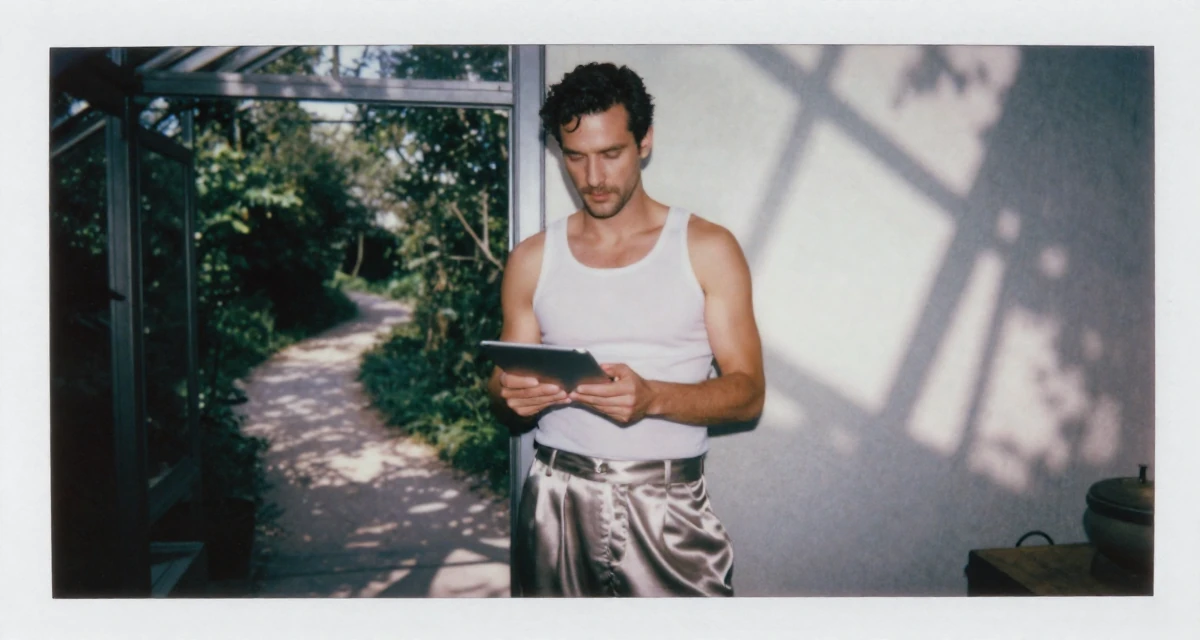 A dignified male Once a history major, now creating vintage-inspired storytelling in their 31, learning to cook gourmet meals at home, wearing a loose silk trousers and a fitted tank top, holding a tablet device in a greenhouse interior.