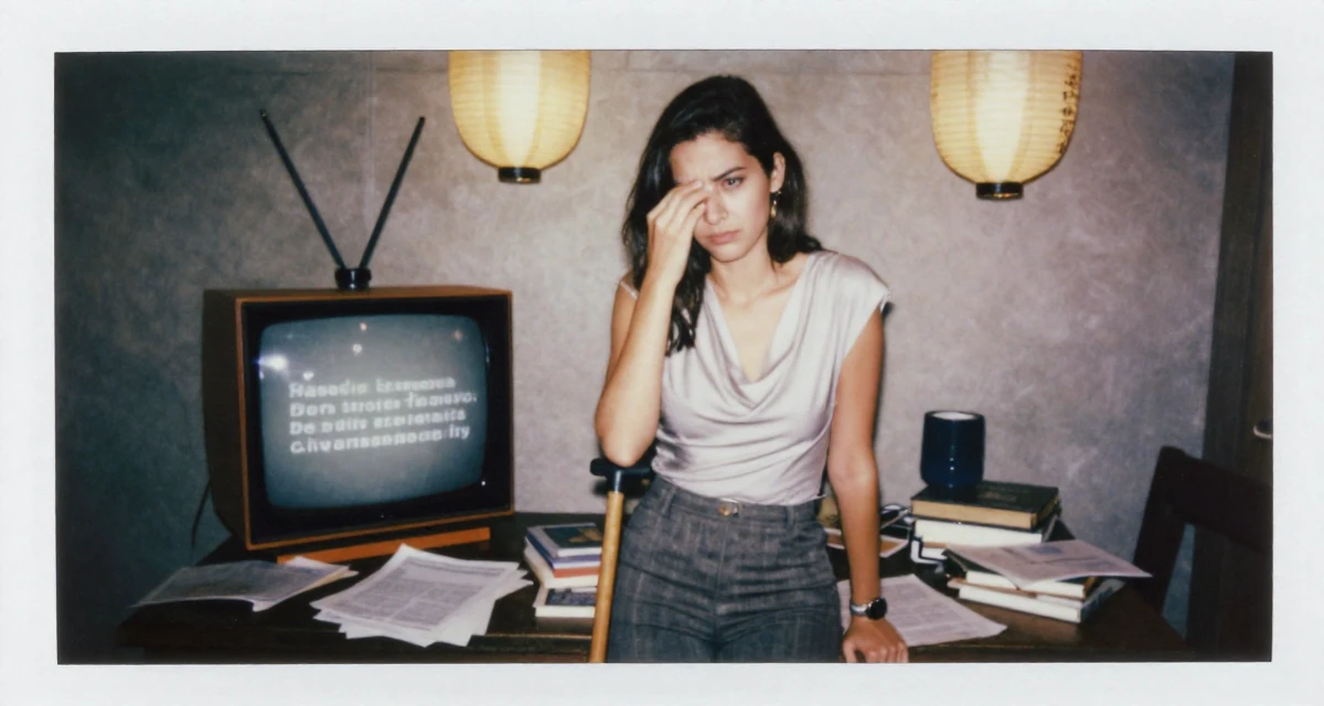 A impatient Female Raised in Peru, studied advertising management in their 25, identifying strengths and weaknesses, wearing a draped neckline top and fitted slacks, rubbing eyes in a tv set.