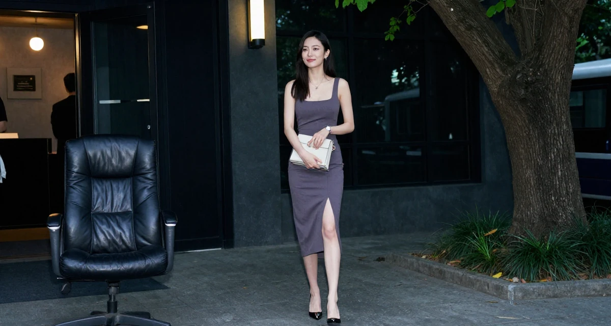 A gently amused Female Once a logistics temp worker, now enjoying flexible creator life in their 23, taking first serious steps toward independence, wearing a elegant midi skirt with a high slit and heels, holding a purse tightly in a cinema entrance.