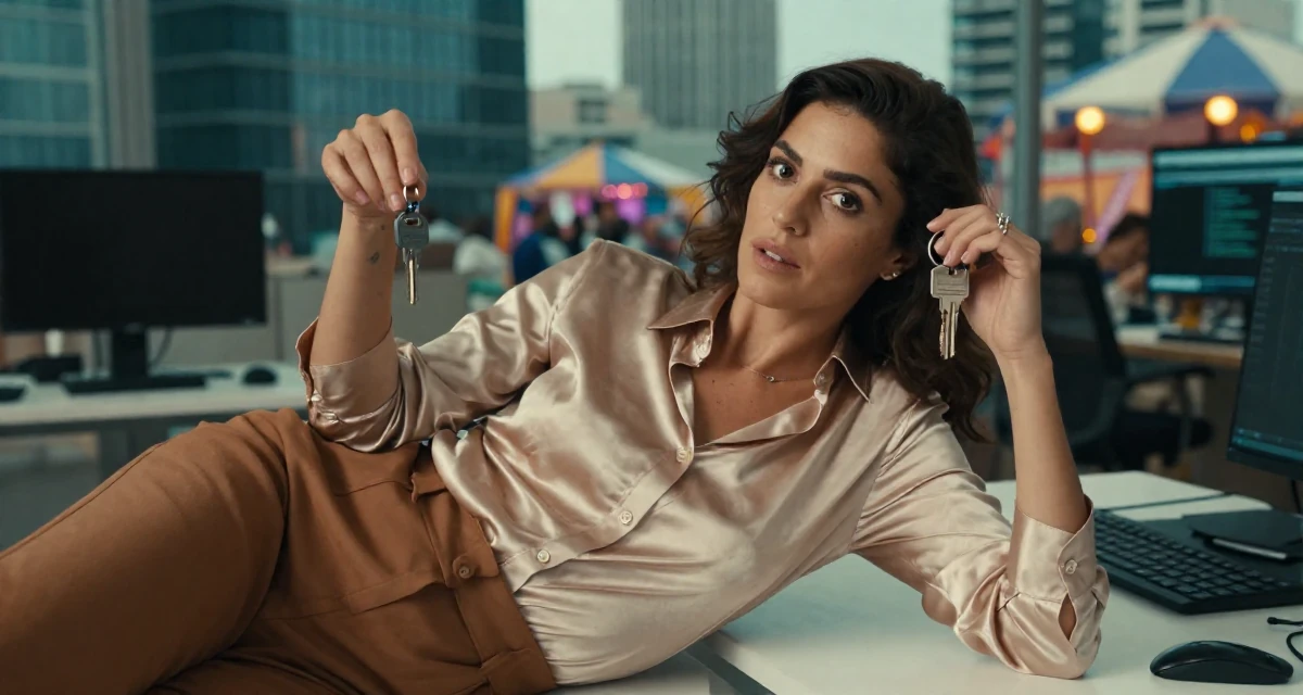 A captivating Female From Israel, majored in computational biology in their 42, sharing the journey of perimenopause health, wearing a satin button-up shirt in champagne color, holding a set of keys in a high-rise office building.