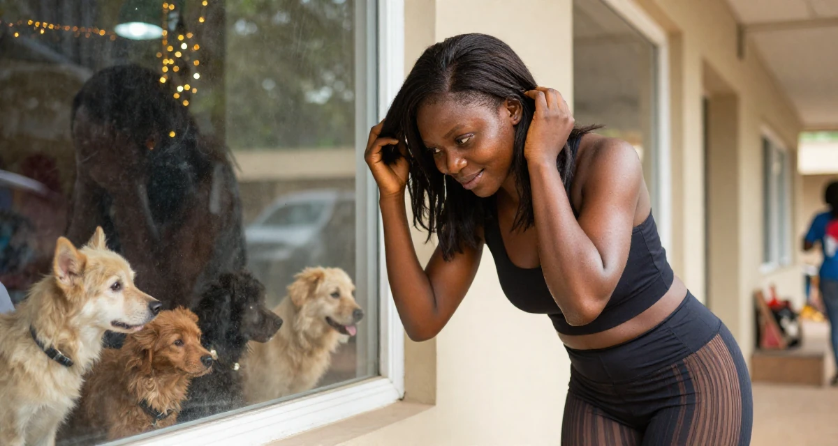 A quietly happy Female From Nigeria, majored in business communication in their 34, taking care of pets and household, wearing a sheer paneled leggings and a sports crop top, running fingers through hair in a university campus.