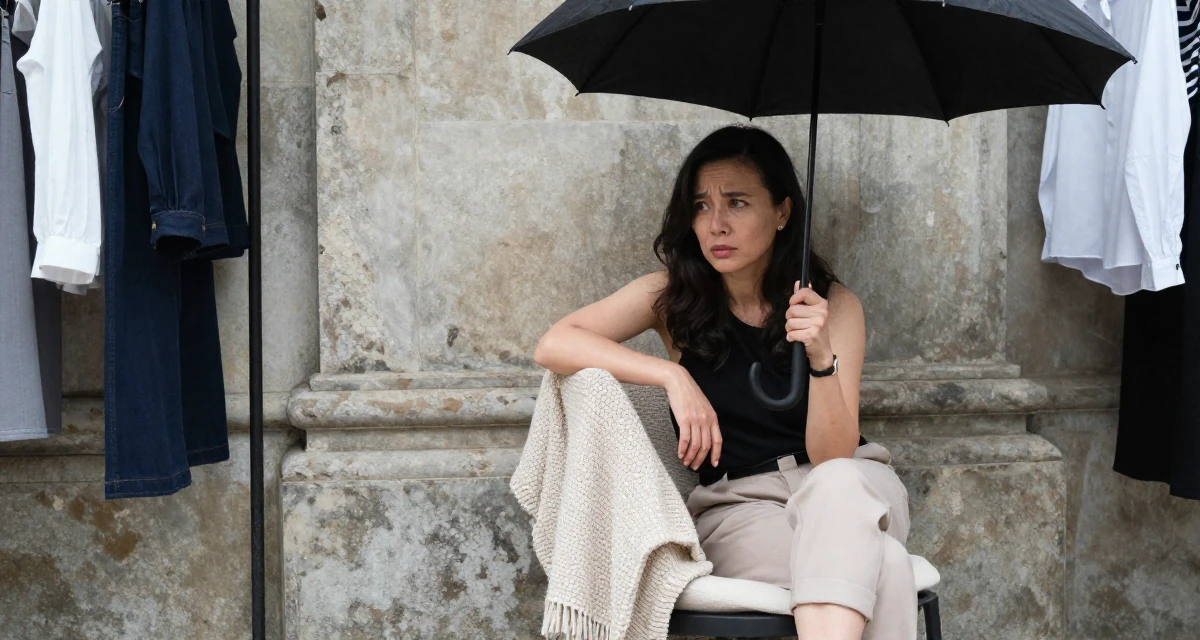 A worried Female From Hanoi Vietnam, practiced boudoir photography concepts in their 46, fashionista proving style has no age limit, wearing a casual weekend brunch outfit, holding an umbrella in a clothing boutique.