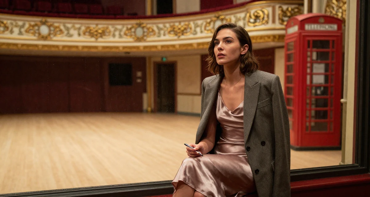 A lonely Female Former model agency assistant, now running her own creator portfolio in their 45, documenting the renovation of a vacation home, wearing a satin slip skirt paired with a structured blazer, holding a pen in a empty theater stage.