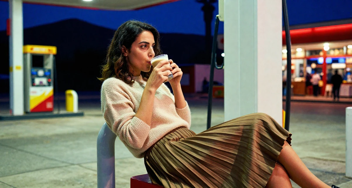 A composed Female From Tunisia, majored in data science in their 23, making decisions that will shape future lifestyle, wearing a soft cashmere sweater and a pleated midi skirt, sipping a latte in a gas station at night.