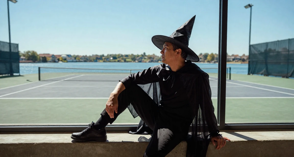 A yearning male From United States, majored in hospitality operations in their 46, fashionista proving style has no age limit, wearing a classic witch costume with a wide-brimmed hat, looking out the window in a tennis court.