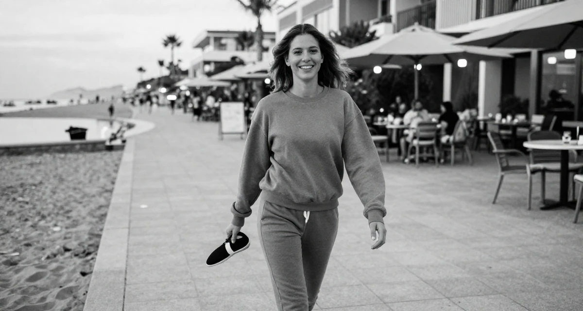 A radiant Female Previous dental assistant, now exploring body-empowerment narratives in their 25, treating sensual content as art, not pressure, wearing a relaxed jogger and sweatshirt combo, dangling a shoe from one foot in a beach promenade.