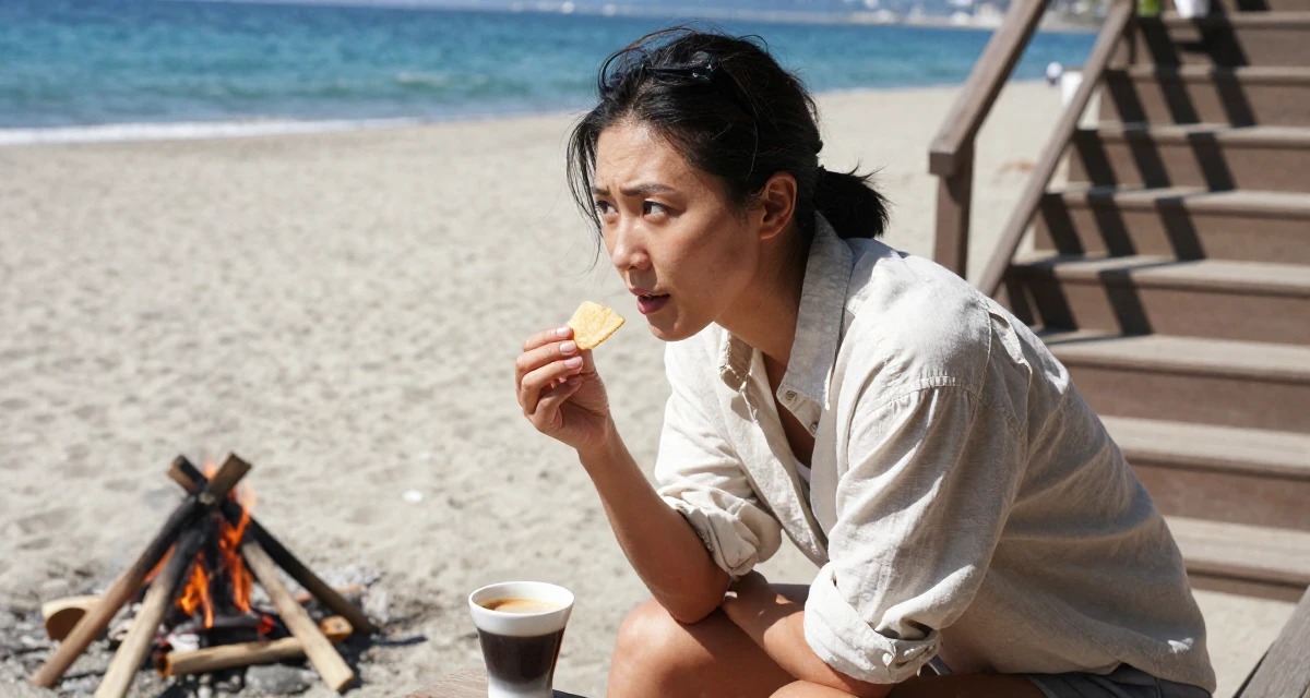 A curious and focused Female From Sapporo Japan, trained in fitness and body sculpting in their 29, accepting that progress is messy and nonlinear, wearing a relaxed vacation shirt, holding a snack in a winding staircase.