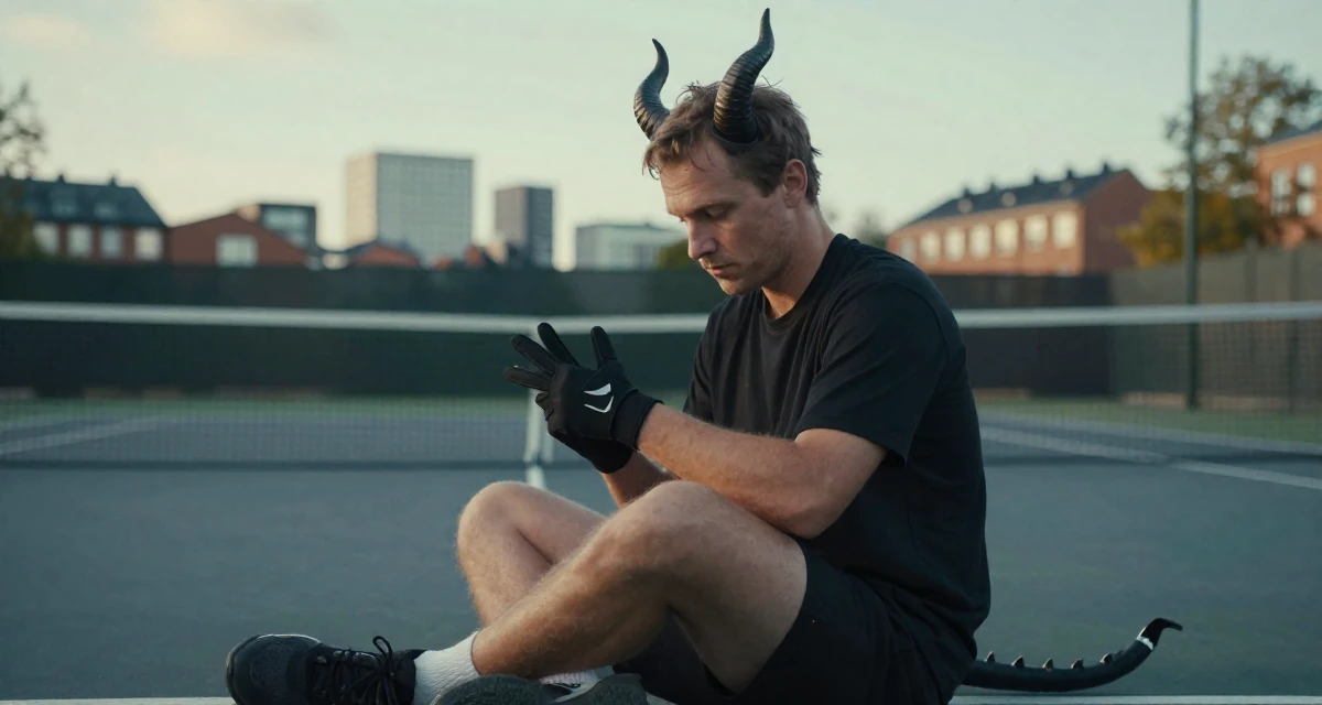 A focused male From Sweden, based in Malmö, graduated from a media school majoring in expressive content aesthetics in their 28, feeling a renewed sense of ambition, wearing a demon girl outfit with horns and a spiked tail, removing a glove in a tennis court.