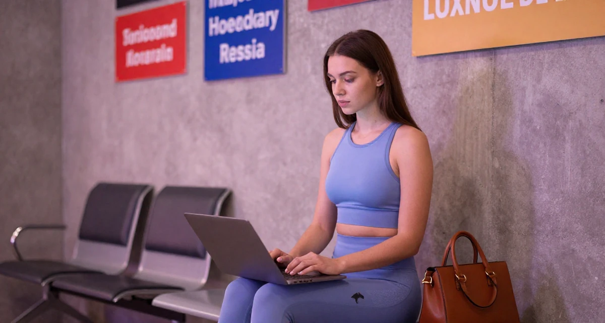 A reflective Female From Moscow Russia, majored in linguistics in their 21, feeling lonely despite being constantly online, wearing a gym shark style seamless leggings and matching crop top, carrying a leather handbag in a waiting room.