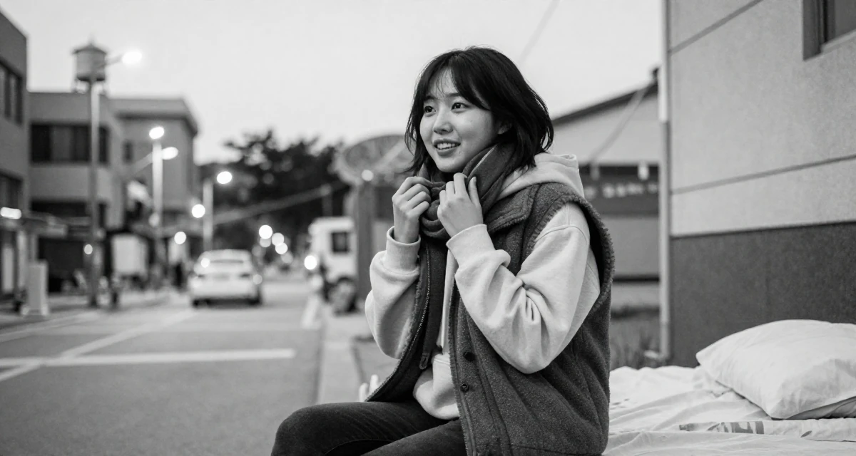 A hopeful Female From Seoul South Korea, studied K-style beauty and content editing in their 23, exploring flirty aesthetics while staying within comfort zones, wearing a layered vest over hoodie, adjusting a scarf in a university campus.