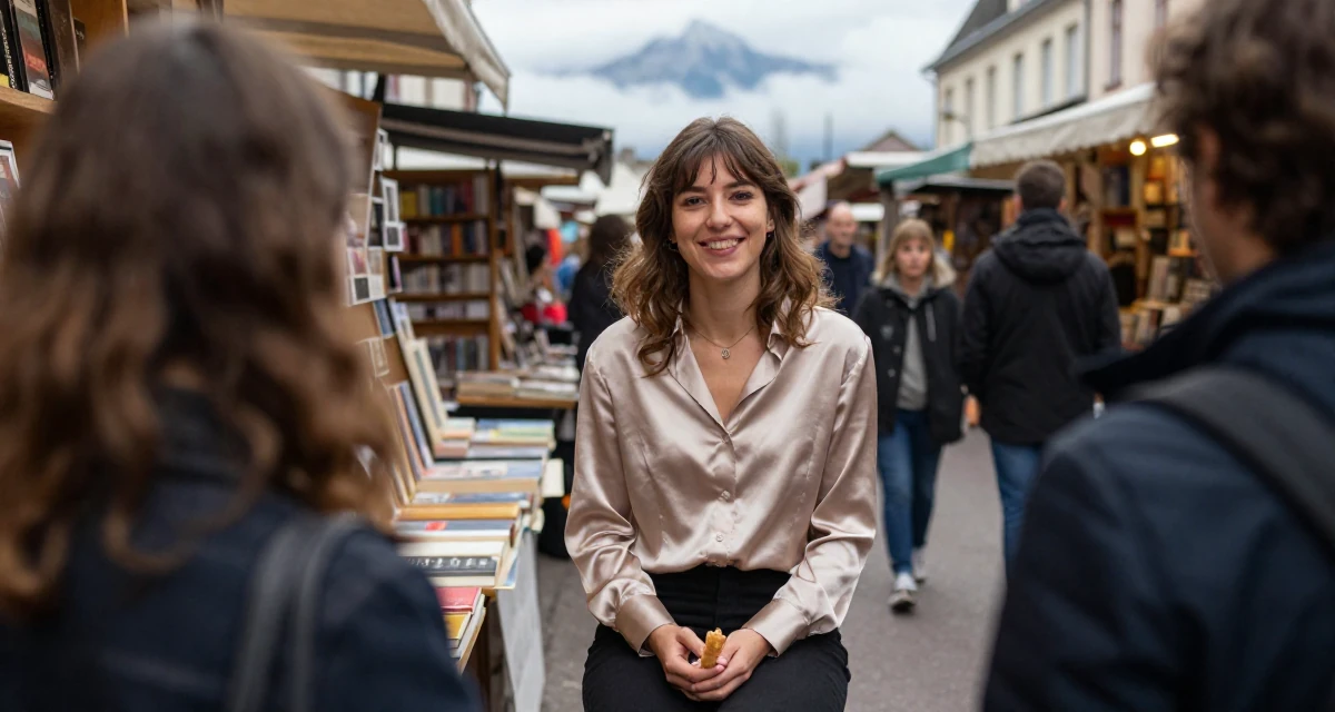 A happy Female From France, based in Lyon, graduated from an arts school majoring in fashion communication in their 22, facing judgment from people who don’t understand creator life, wearing a satin button-up shirt in champagne color, holding a snack in a bookstore aisle.