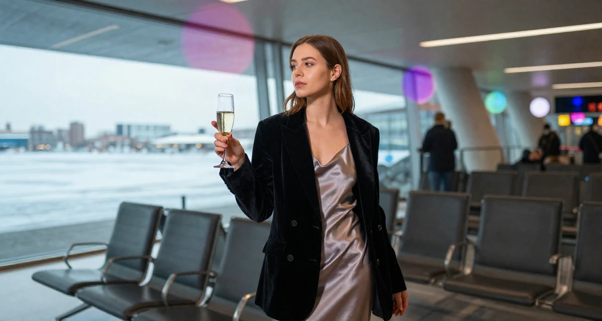 A tranquil Female From the Netherlands, based in Rotterdam, graduated from a media academy majoring in contemporary sensual design in their 32, urban explorer finding beauty in the city, wearing a velvet blazer and a silk slip dress, holding a champagne glass in a airport departure lounge.