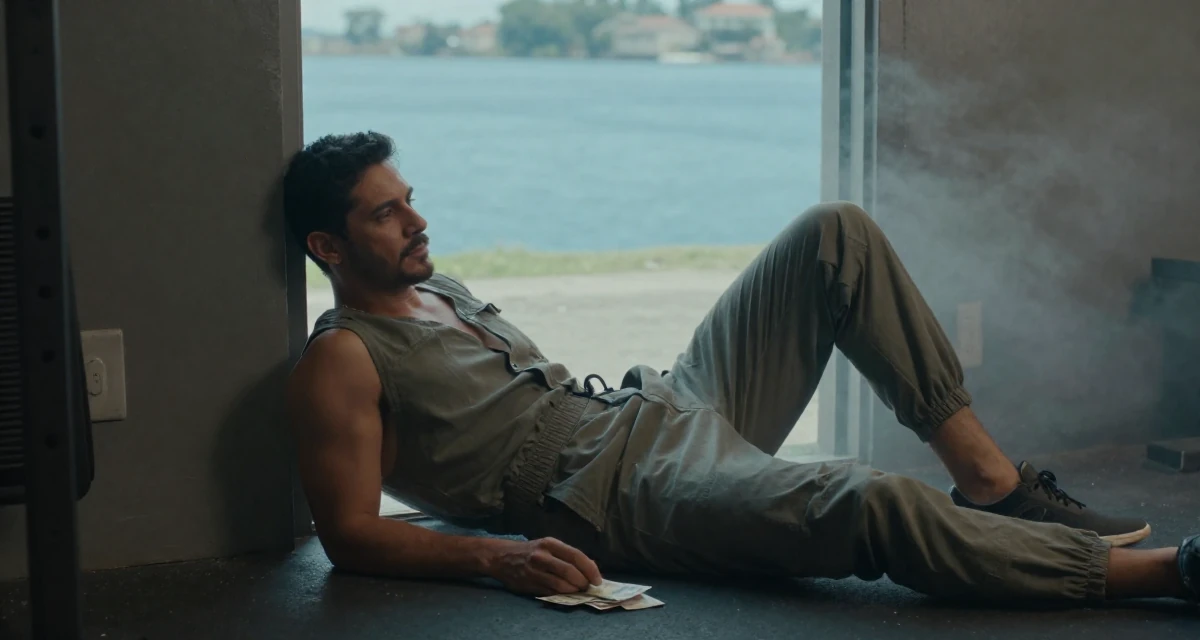 A relaxed male From Venezuela, majored in public administration in their 30, planning adult responsibilities with unstable cash flow, wearing a chic jumpsuit styling, leaning against a door in a gym interior.