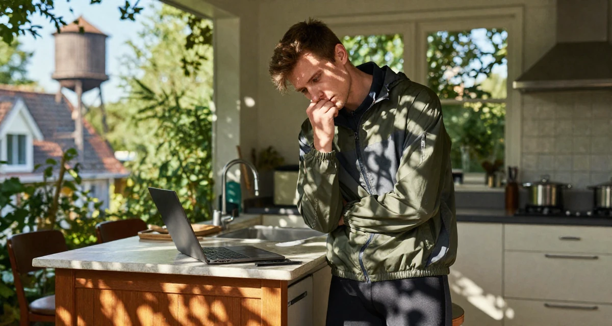 A melancholic male From Netherlands, has a background in logistics in their 23, investing more time in self-marketing, wearing a sporty windbreaker and leggings, humming a tune visually in a sunlit kitchen island.