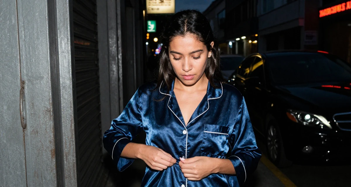 A inspired Female From Ecuador, based in Guayaquil, graduated from a private institute majoring in consumer psychology in their 27, dealing with the emotional cost of visibility, wearing a satin pajamas set with the top unbuttoned, smoothing out clothes in a neon-lit street.