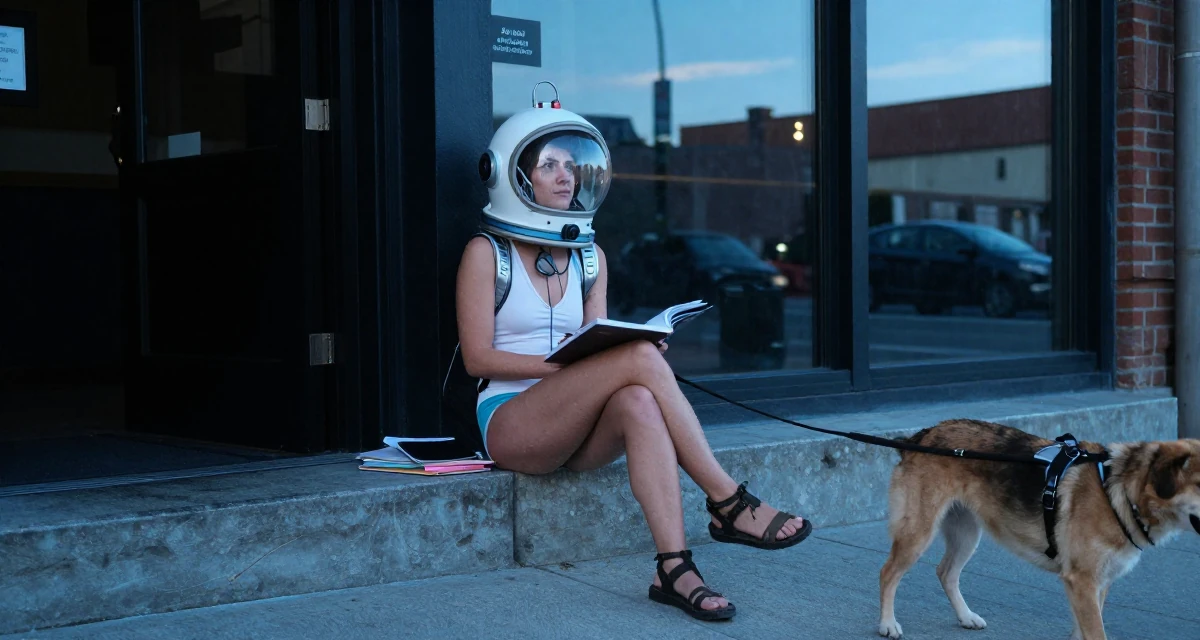 A resolute Female Once a swim camp counselor, now leaning into beach-centered creator storytelling in their 25, balancing school assignments with content ideas, wearing a retro sci-fi space girl outfit with a bubble helmet, walking a dog (leash visible) in a cinema entrance.