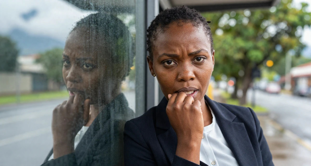 A intimidating Female From Zambia, majored in marketing communication in their 42, focused on stability over ambition, wearing a sharp business casual attire, biting a lip thoughtfully in a bus stop in the rain.
