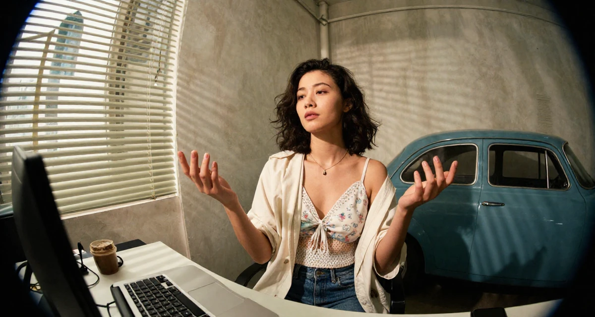 A sentimental Female From Hanoi Vietnam, practiced boudoir photography concepts in their 26, juggling real-life chaos with online expectations, wearing a breezy summer vacation outfit, unbuttoning a coat in a office workspace.